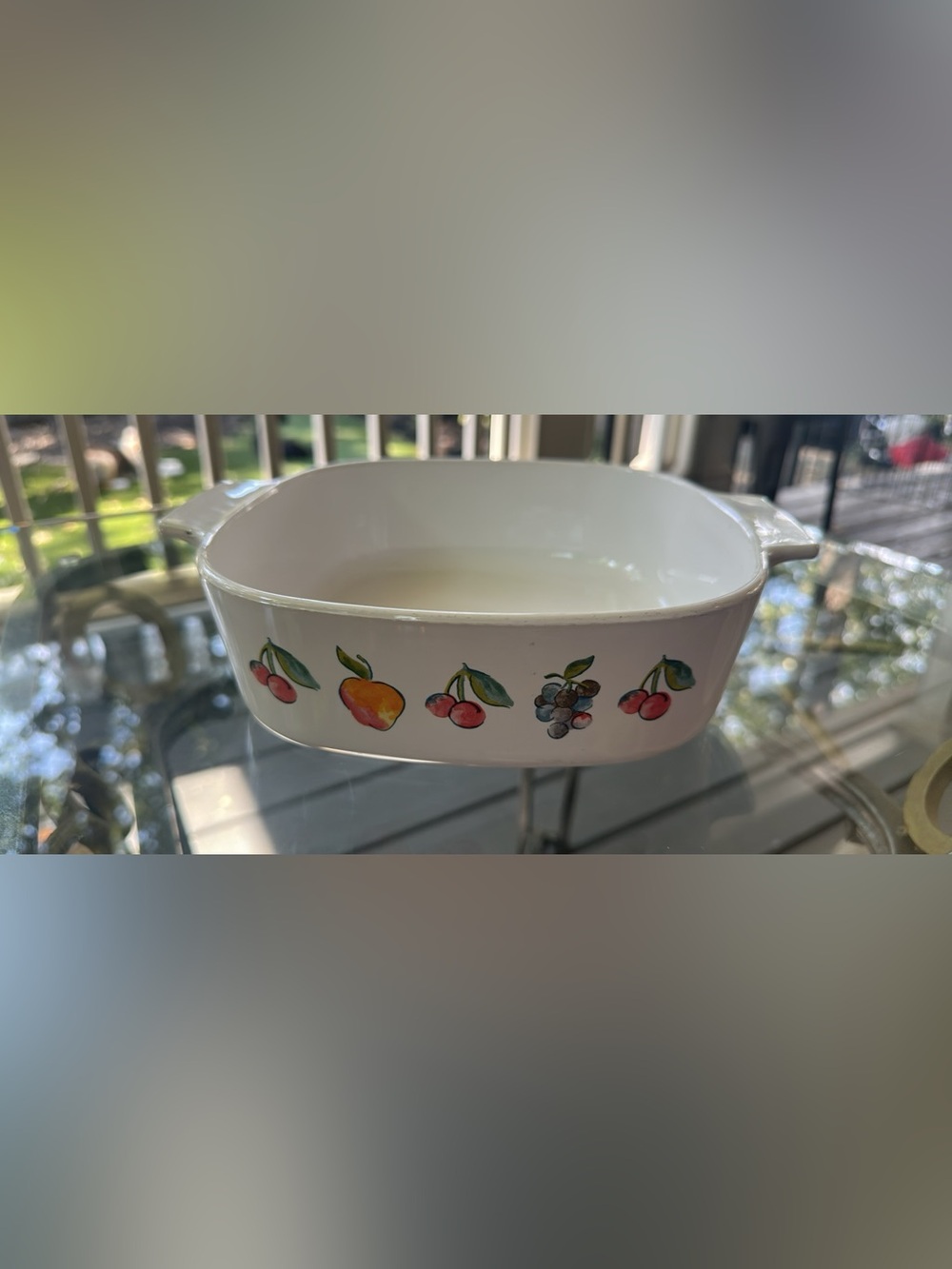 Corningware White Ceramic Casserole with Colorful Fruit Motif 2L